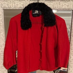 Orange-ish red  Cardigan with Black Faux Fur Collar